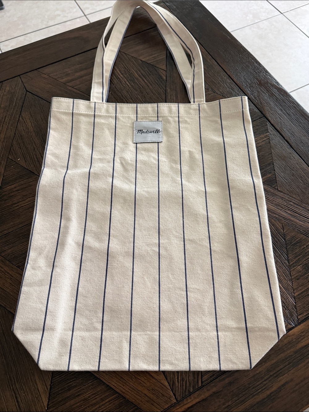 Madewell Cream Canvas Tote Bag Navy Blue Pinstripe Striped Shoulder Bag